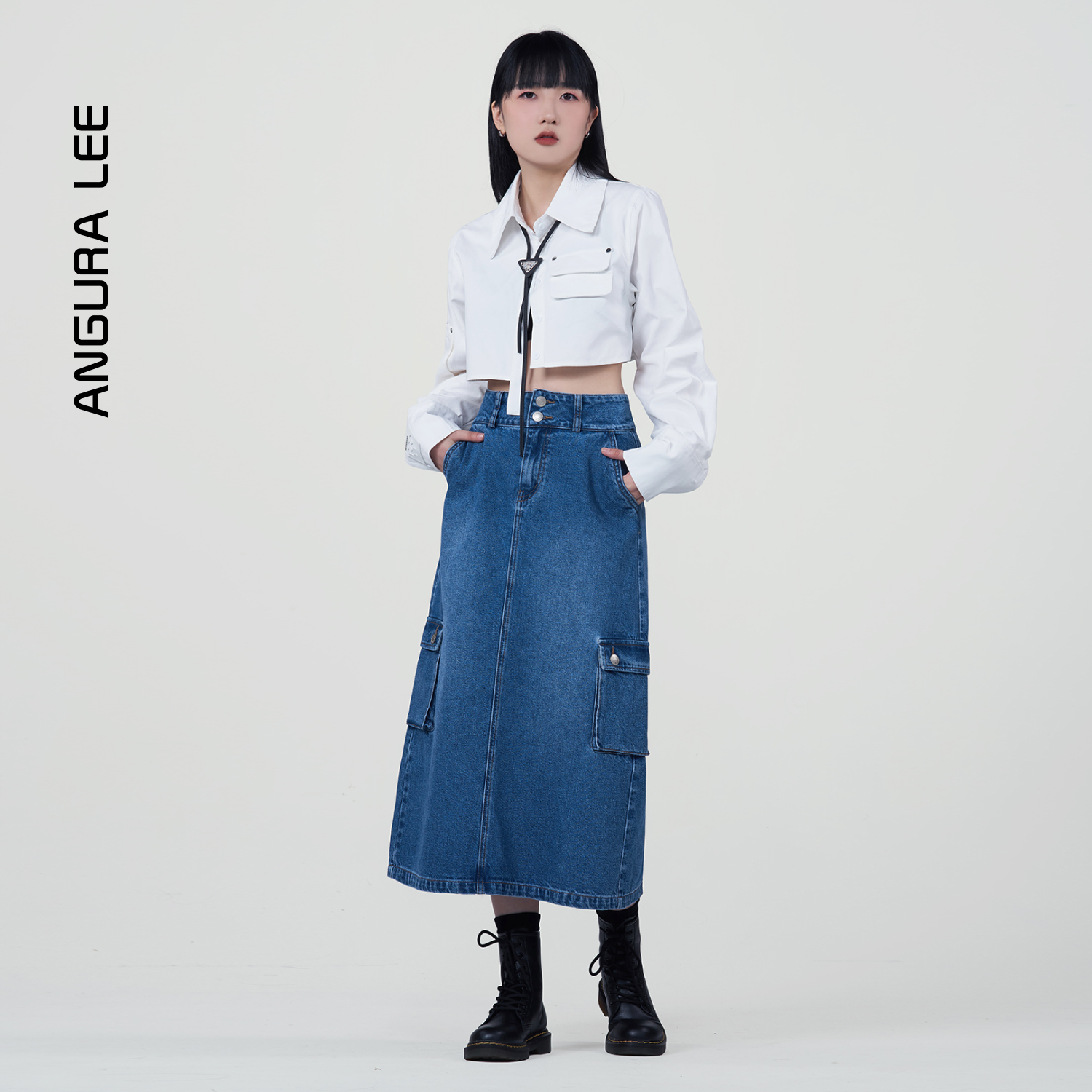 春夏經(jīng)典水洗中藍女裝牛仔高腰半裙